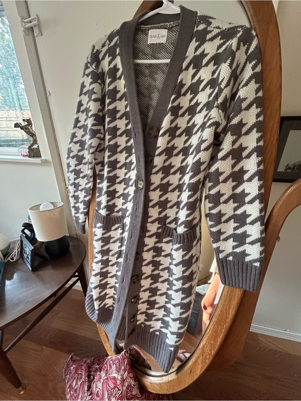 Olive & Oak Houndstooth Long Cardigan - Gray & Cream
